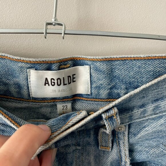 Agolde '90s Distressed Button-Fly High Rise Denim Straight Leg Jeans Blue 23 - Picture 8 of 10